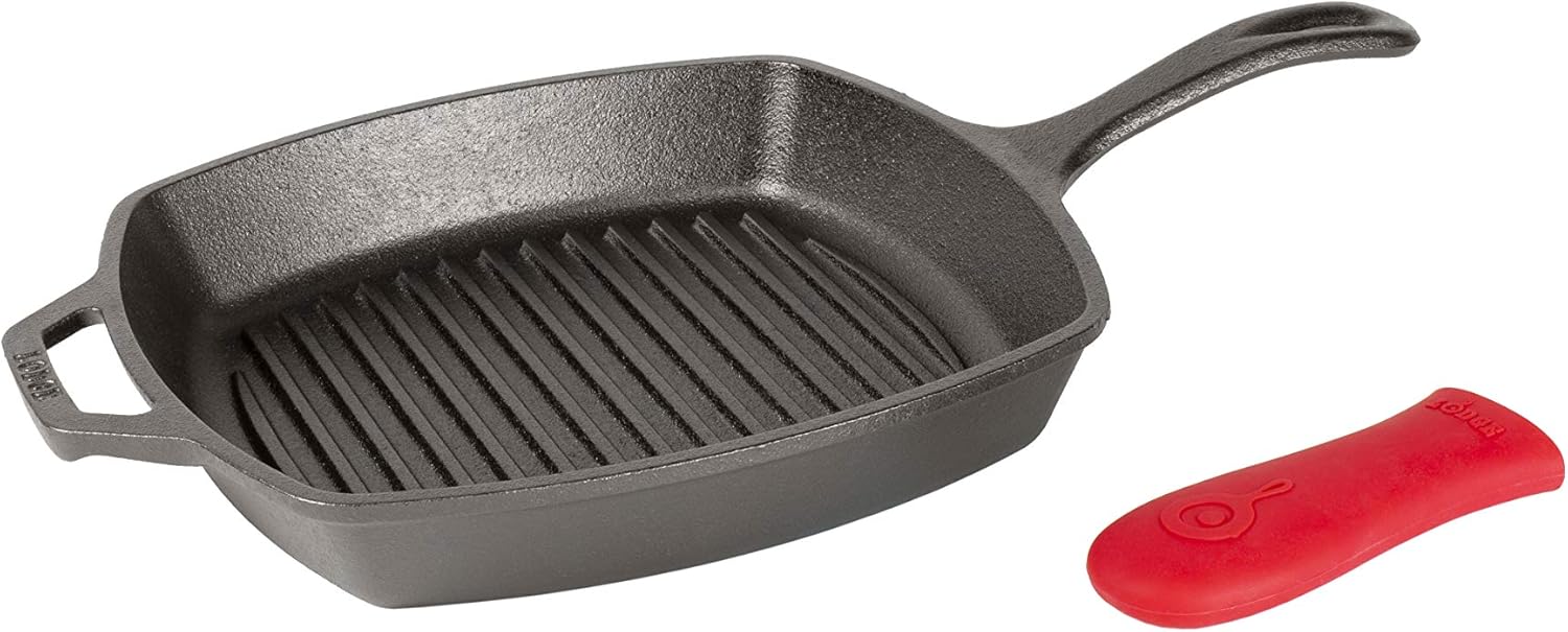 Lodge 10.5 Inch Square Cast Iron Grill Pan Pre-Seasoned Heavy Duty Coo