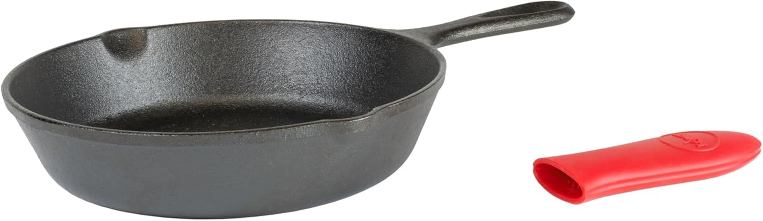 Lodge 8 inch Cast Iron Skillet with Red Mini Silicone Hot Handle Holde