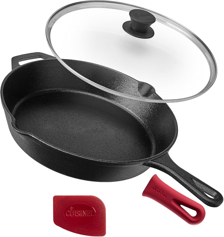 Cuisinel 12-Inch Pre-Seasoned Cast Iron Skillet with Glass Lid and Sil