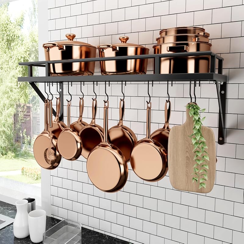 KES 30-Inch Wall-Mounted Kitchen Pot Rack with Shelf and Hooks, Matte 