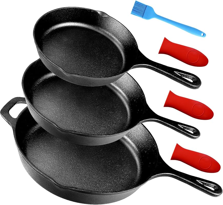 Suteck Pre-Seasoned Cast Iron Skillet 3-Piece Set (6\