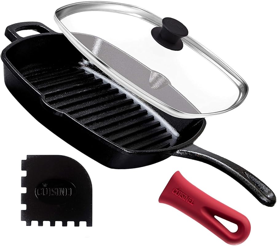 Cuisinel 10.5 Inch Cast Iron Square Grill Pan with Glass Lid Scraper a