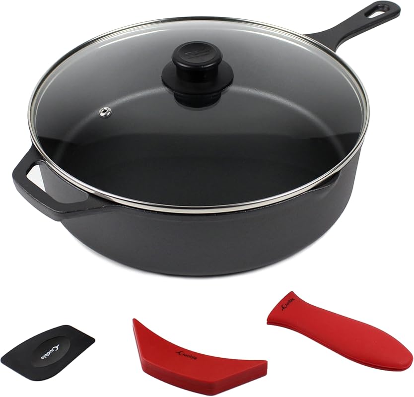 Crucible Cookware 12-Inch Deep Cast Iron Skillet Set with Glass Lid, S