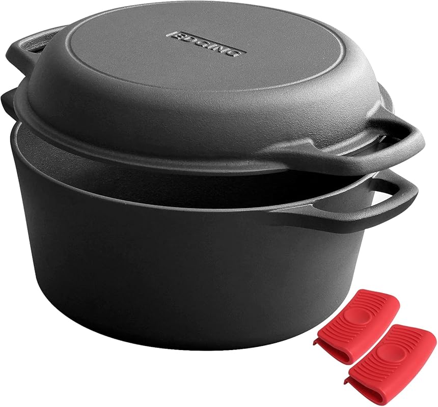 Pre-Seasoned 2-in-1 Cast Iron Dutch Oven with Skillet Lid, 5 Qt, Dual-