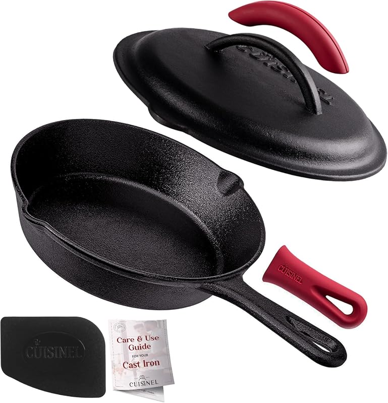 Cuisinel 8 inch Pre-Seasoned Cast Iron Skillet with Lid, Silicone Hold