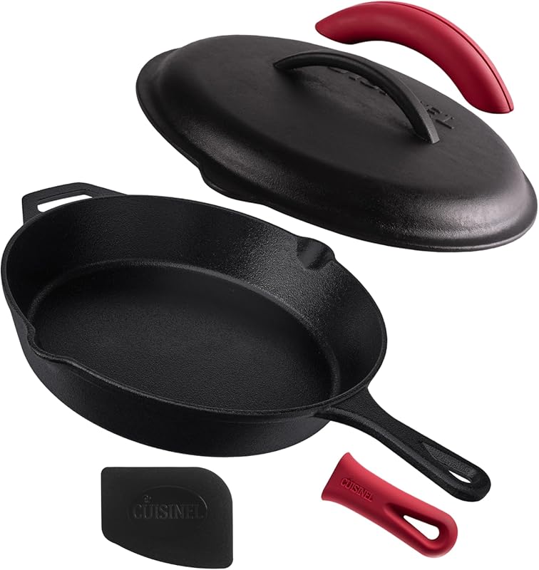 Cuisinel 12-Inch Pre-Seasoned Cast Iron Skillet with Lid, Silicone Hol