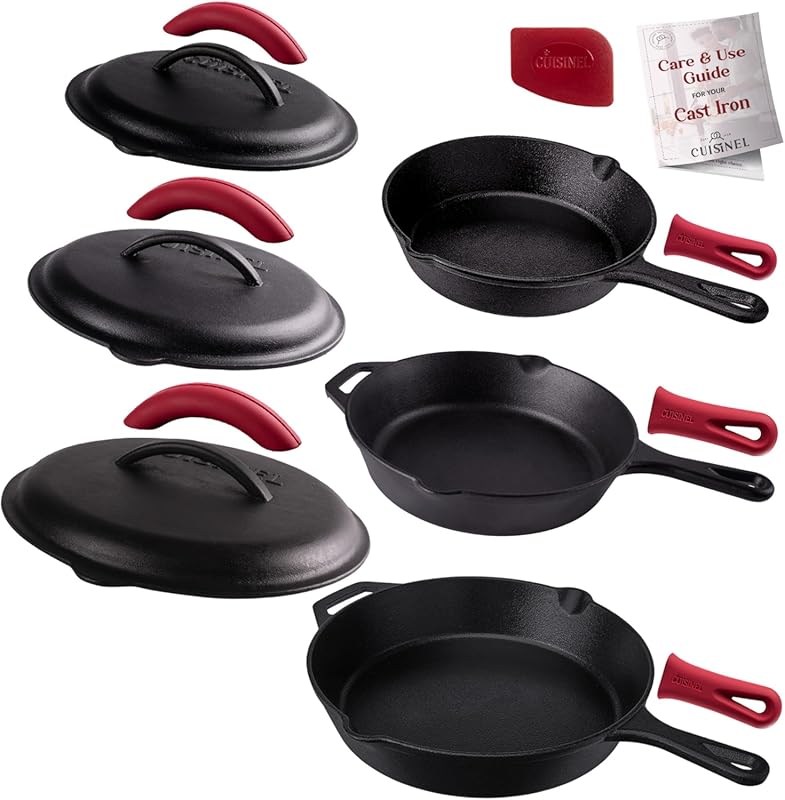 Cuisinel Pre-Seasoned Cast Iron Skillet Set with Glass Lids, Silicone
