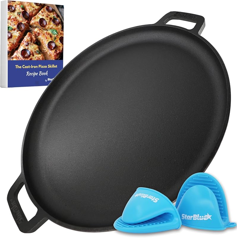 StarBlue 16-Inch Cast Iron Pizza Pan Round Griddle with Silicone Handl