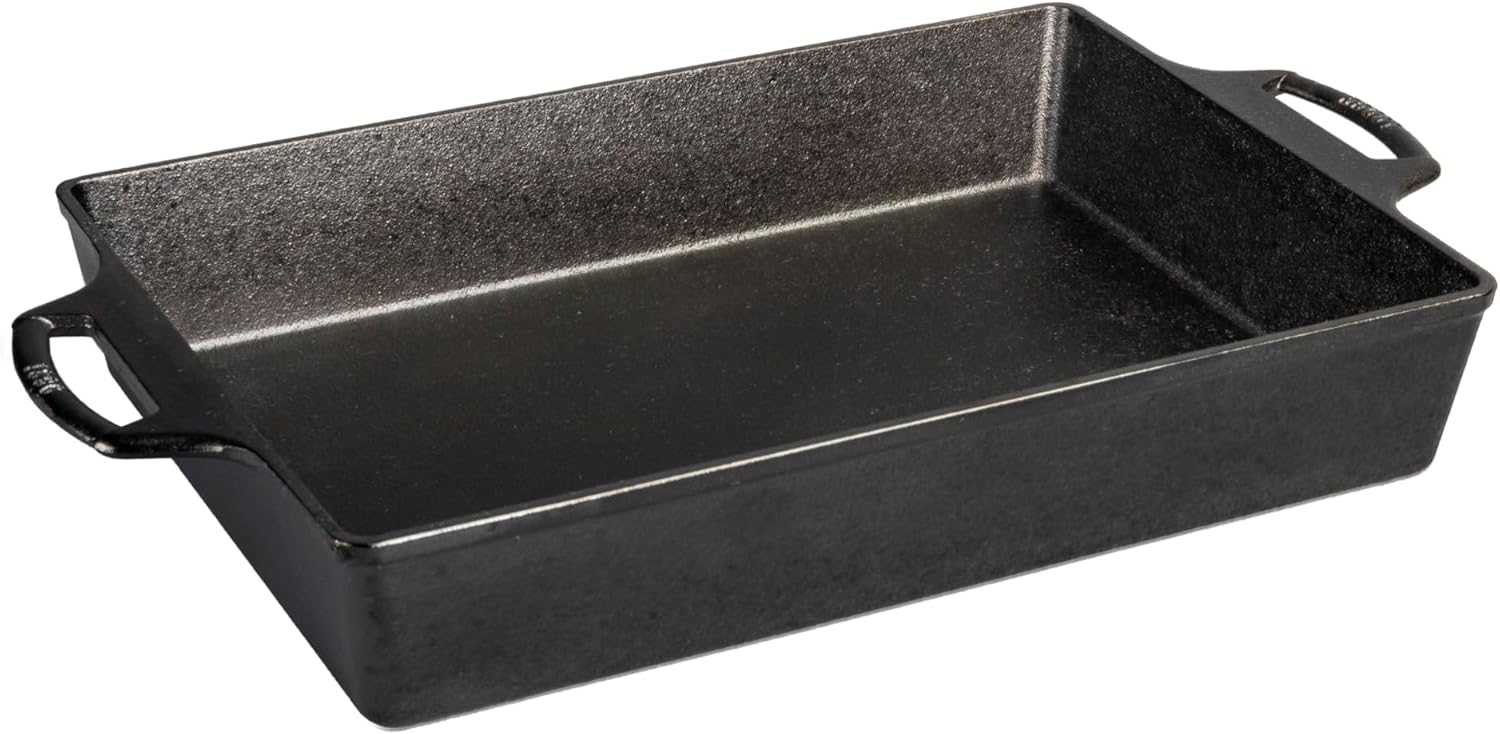 Lodge cast iron casserole pan with tight-fitting lid, oven-safe and id