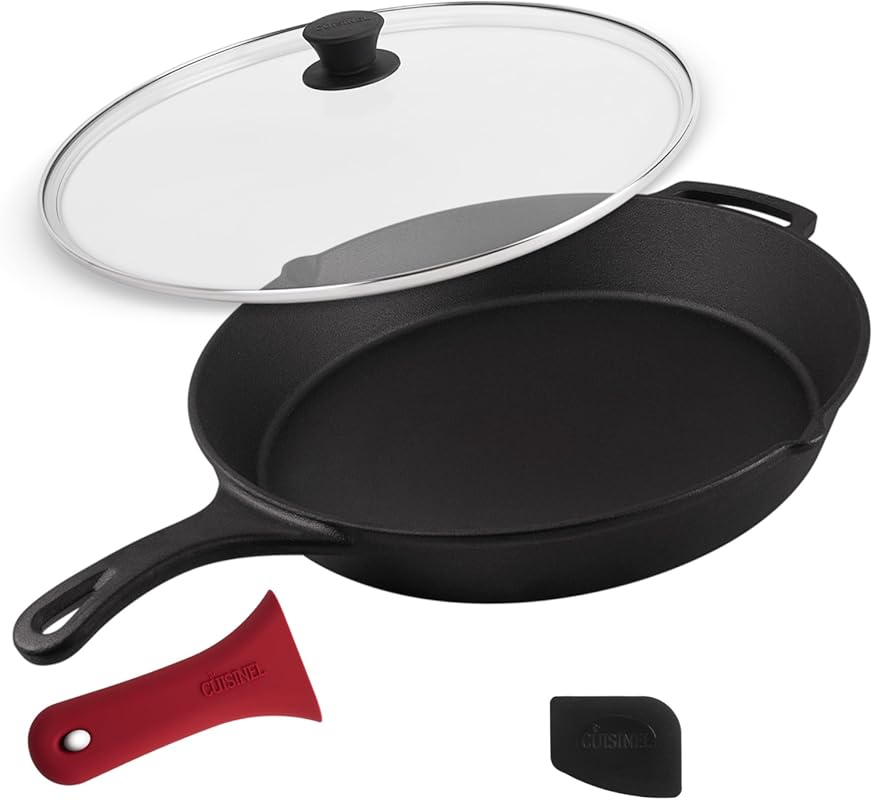 Cuisinel 15 Inch Pre-Seasoned Cast Iron Skillet with Glass Lid, Scrape