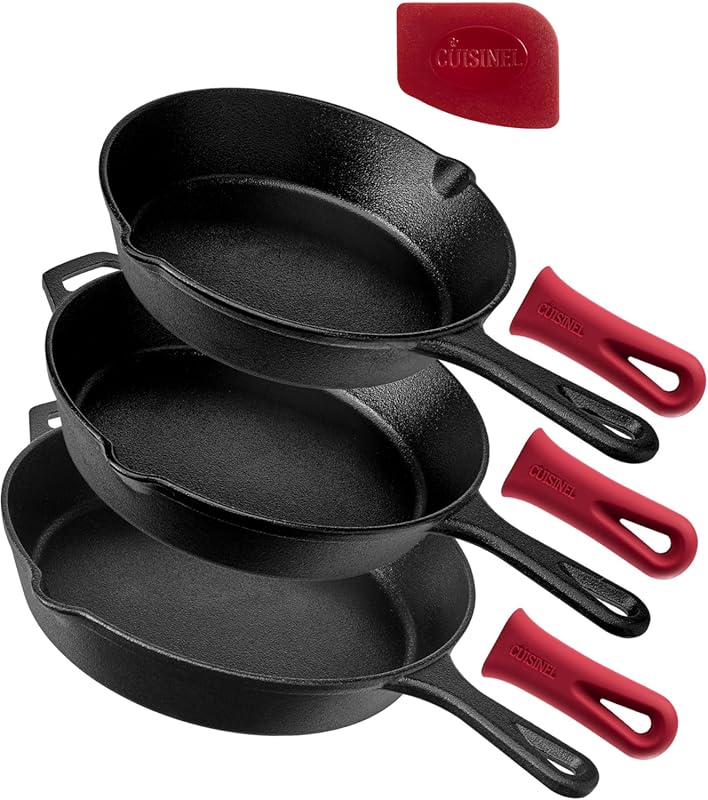 Cuisinel Pre-Seasoned Cast Iron Skillet Set with 8, 10, and 12-Inch Pa