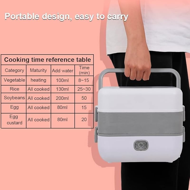 2-Layer Portable Electric Lunch Box with Dual Stainless Steel Steamers