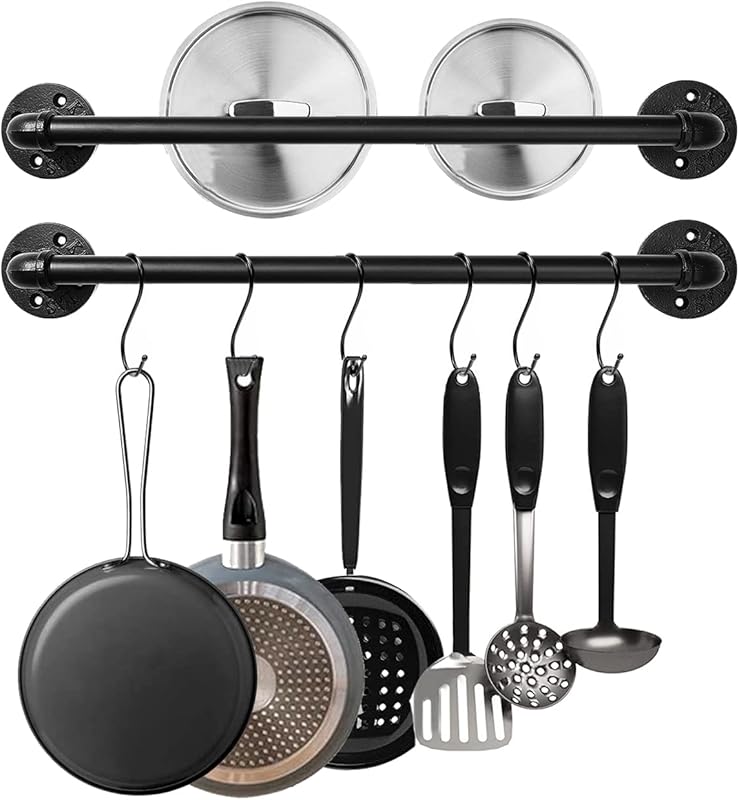Industrial Pipe 21-inch 2-Pack Wall-Mount Pot and Pan Rack with 10 S-H