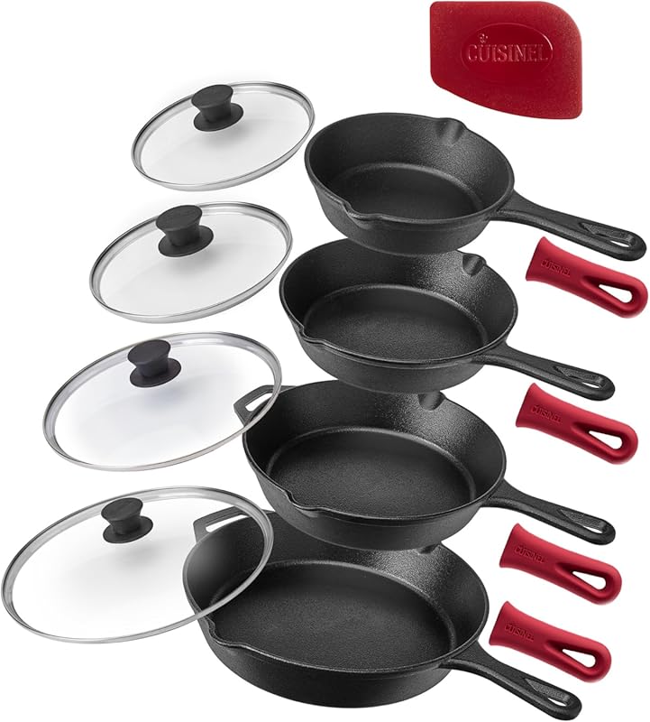 Cuisinel pre-seasoned 6, 8, 10, 12-inch cast iron skillet set with gla