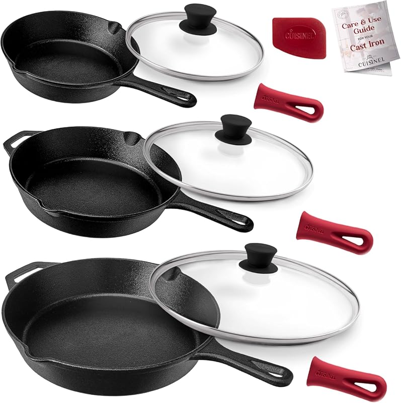 Cuisinel Pre-Seasoned 3-Piece Cast Iron Skillet Set with Glass Lids, S