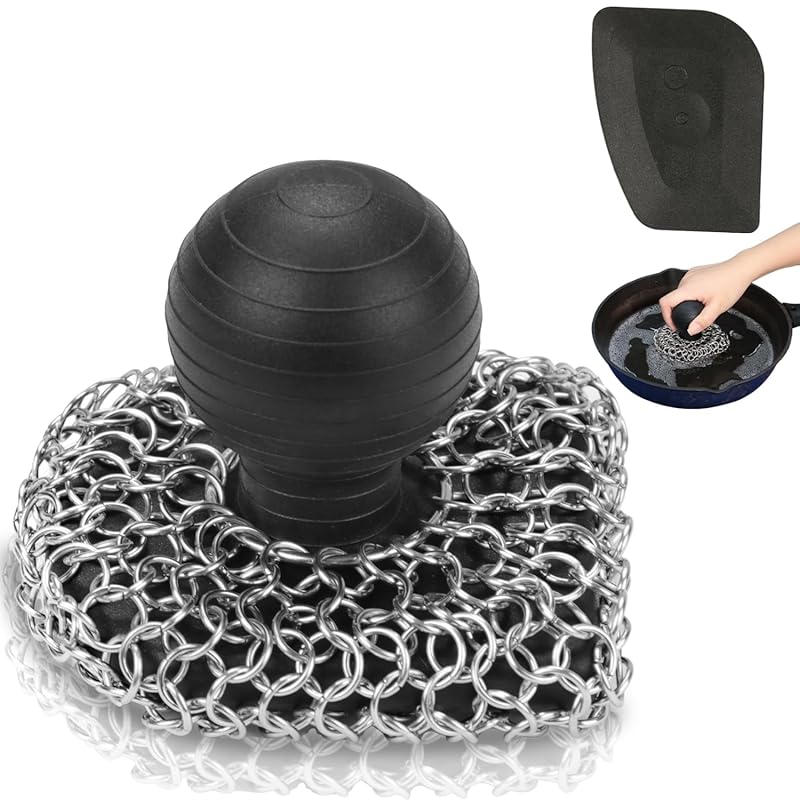 316 stainless chainmail cast iron scrubber kit with pan scraper, upgra