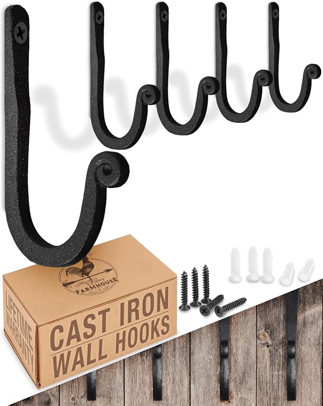 Larger Railroad Spike 5-Pack Handmade Cast Iron Hooks — Wall-Mounted F