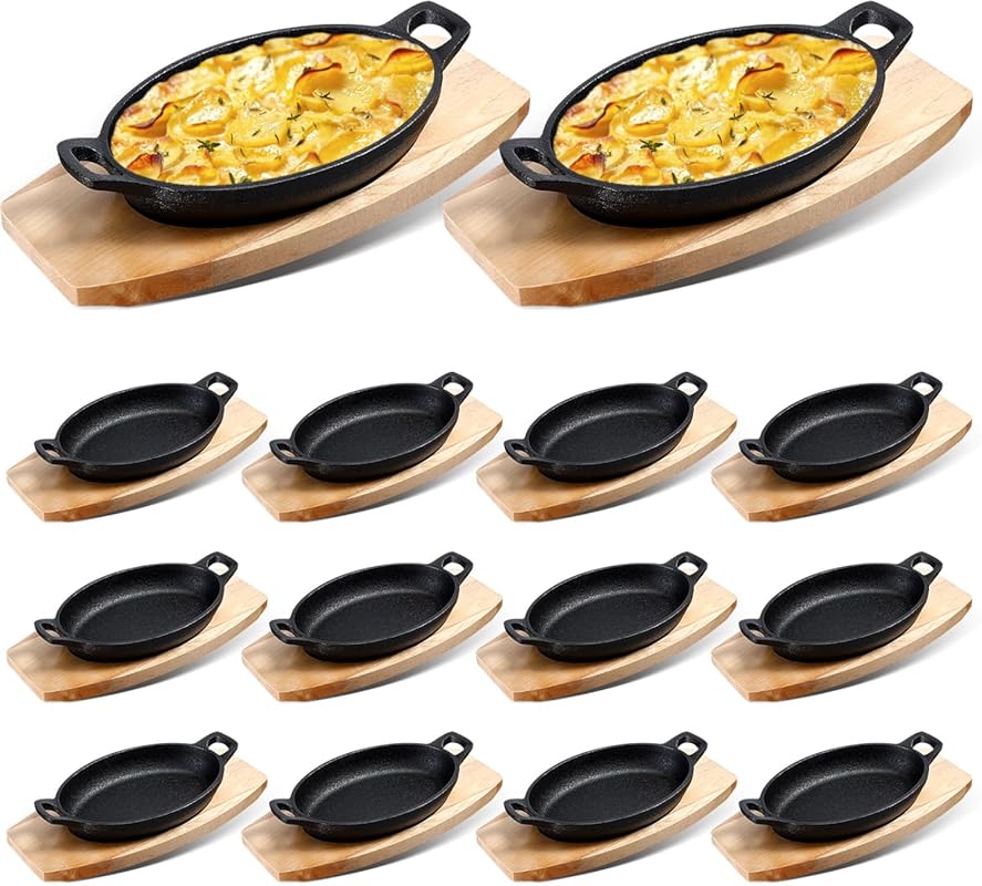 Mifoci 12-Piece Mini Cast Iron Skillet Set with Wooden Bases, Matte Bl