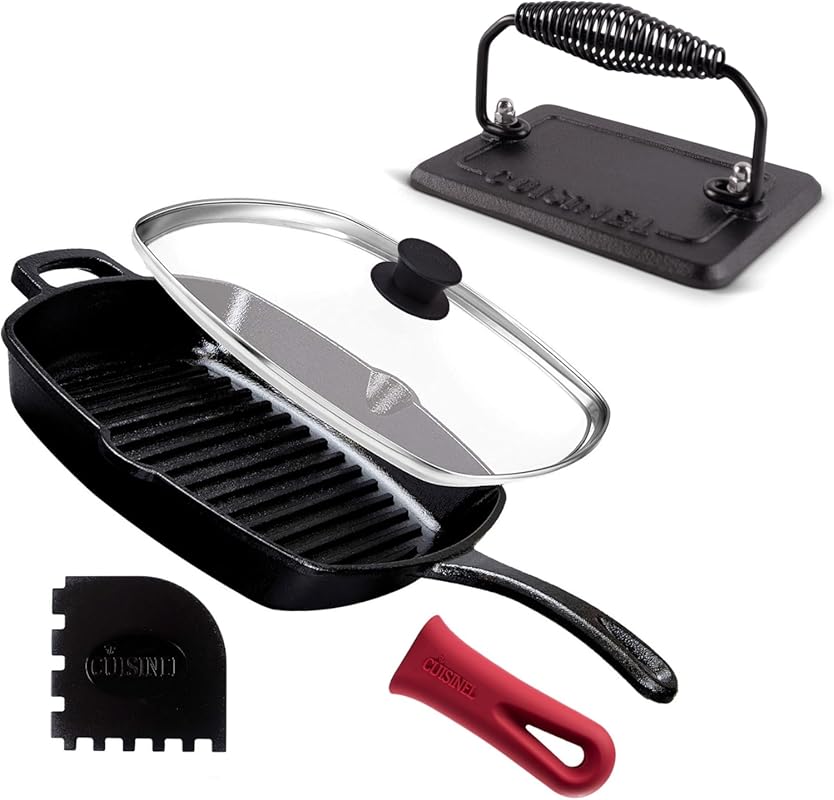 Cuisinel 10.5-inch Pre-Seasoned Cast Iron Grill Pan Kit with Rectangul