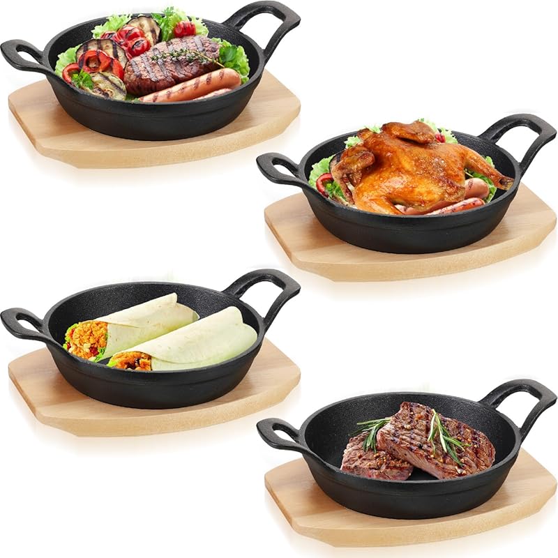 Sliner 4-Set Mini 3.9-Inch Cast Iron Skillets with Wooden Bases, Small