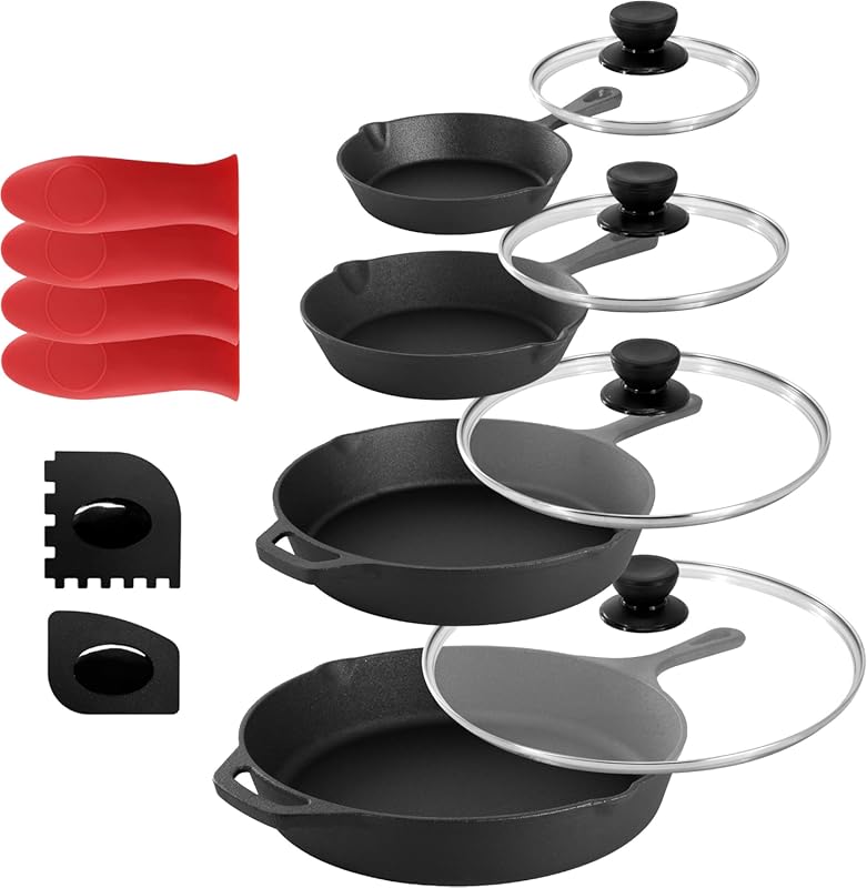 MegaChef 13-piece pre-seasoned cast iron skillet set with tempered gla