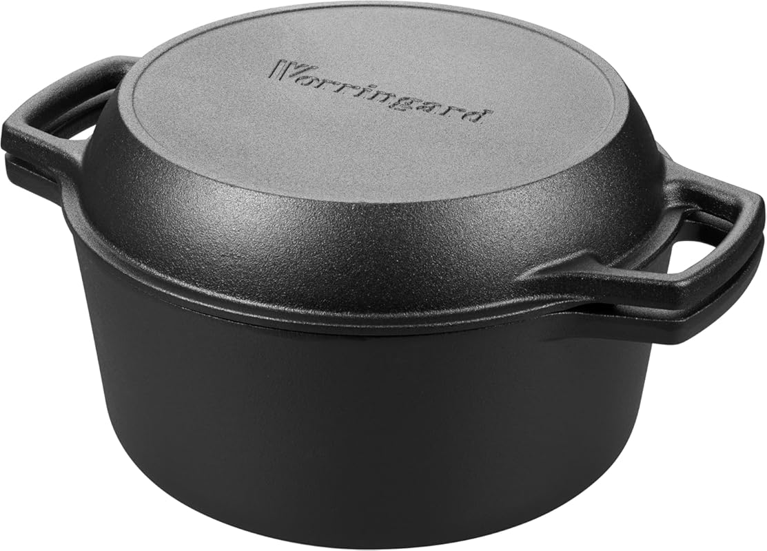 Pre-Seasoned 5 Qt Cast Iron Double Dutch Oven with Skillet Lid and Dua