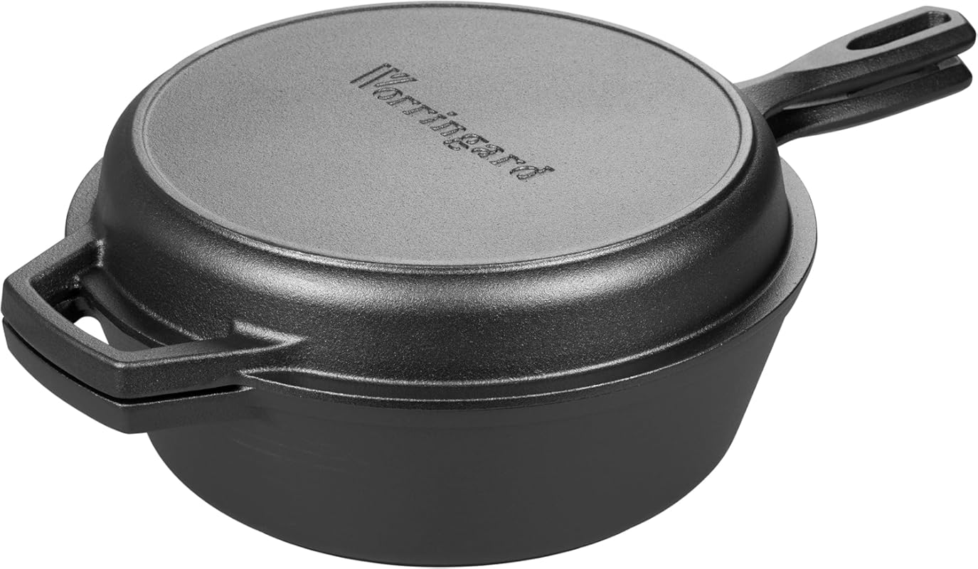 Pre-Seasoned 3 Qt Cast Iron Double Dutch Oven with Skillet Lid, Ideal 