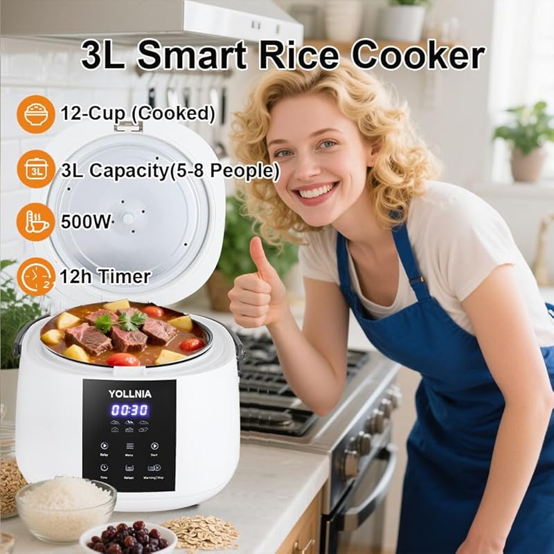 3L Digital Rice Cooker 12-Cup Cooked, 6-in-1 Multicooker with Steamer,