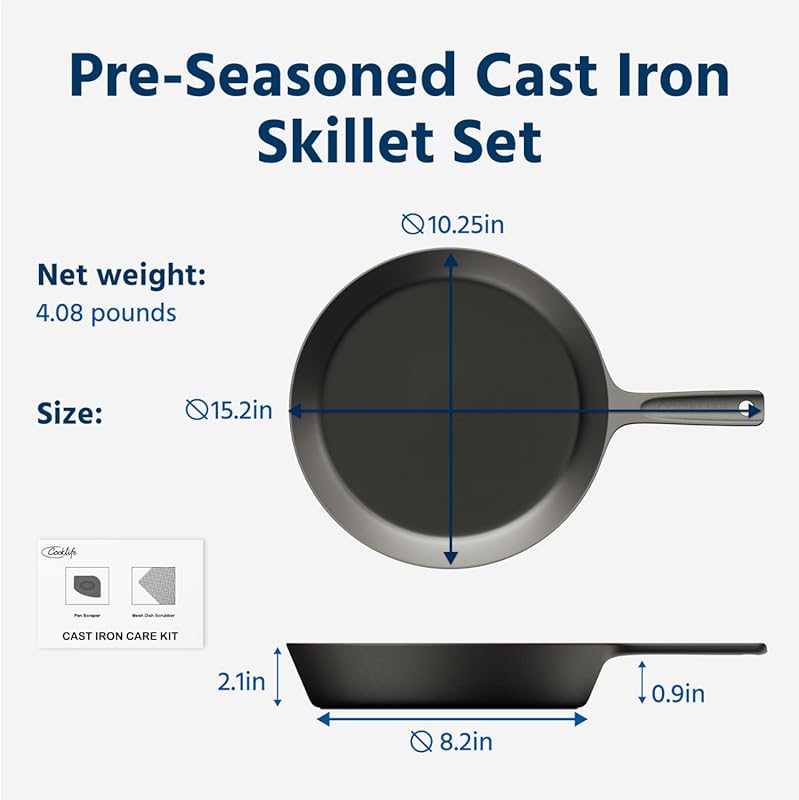 COOKLIFE 10-inch Lightweight Pre-Seasoned Cast Iron Skillet with Handl