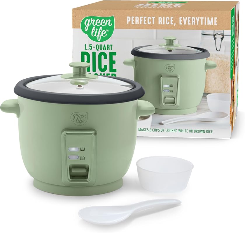 GreenLife 6-Cup Rice Cooker with PFAS-Free Ceramic Pot, One-Switch Mul