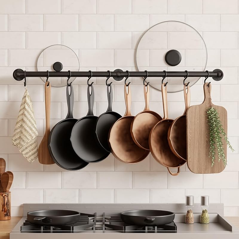 KES 32-Inch Wall-Mounted Pot Rack, 130 lb Capacity with 10 Hooks and T