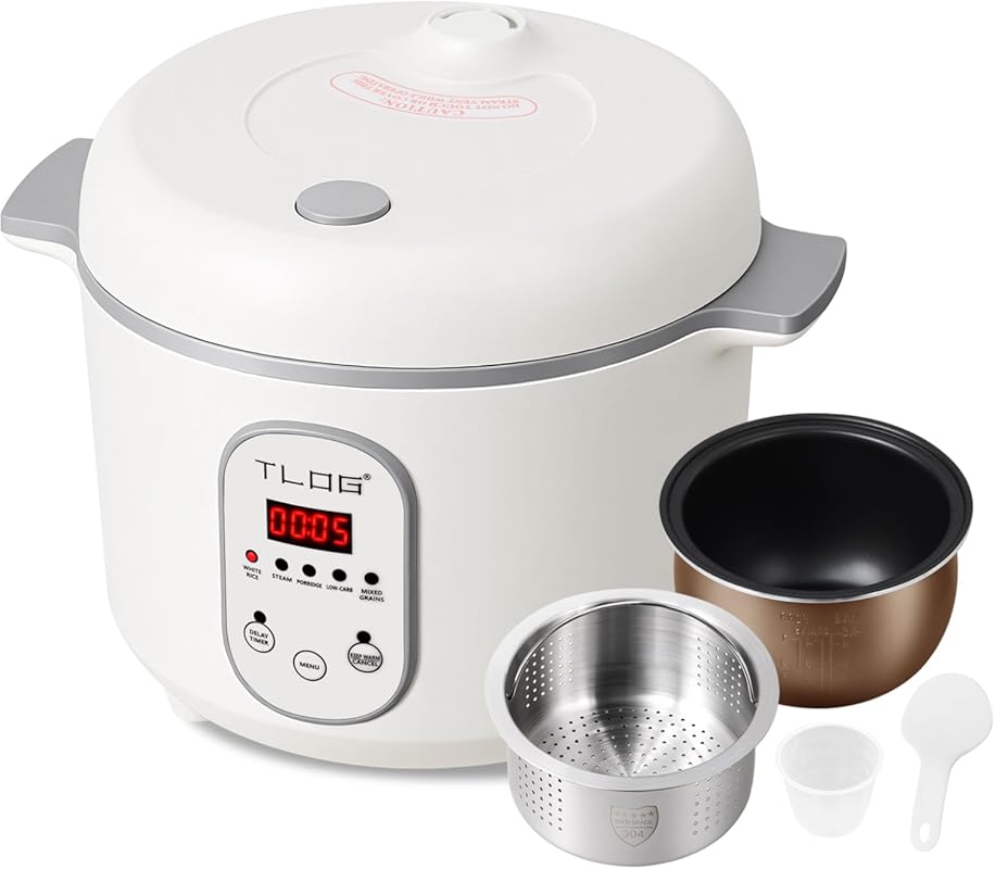TLOG 2L Low-Carb Rice Cooker with 304 Stainless Steel Steamer, 5 Prese