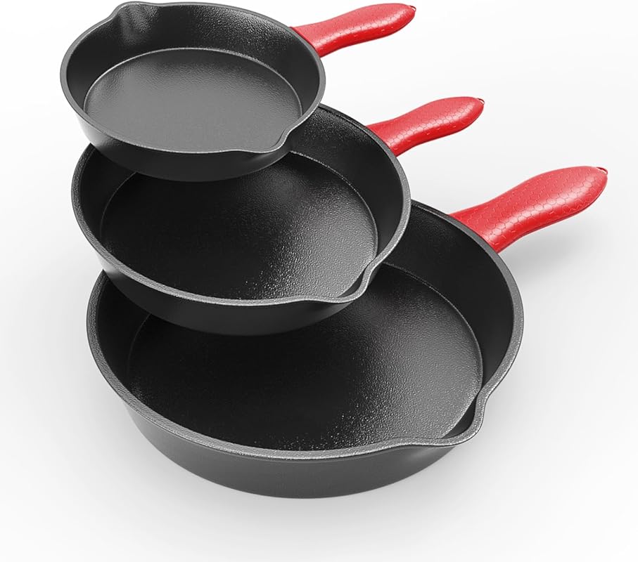 3-piece cast iron skillet set 6, 8, 10-inch with silicone heat covers,