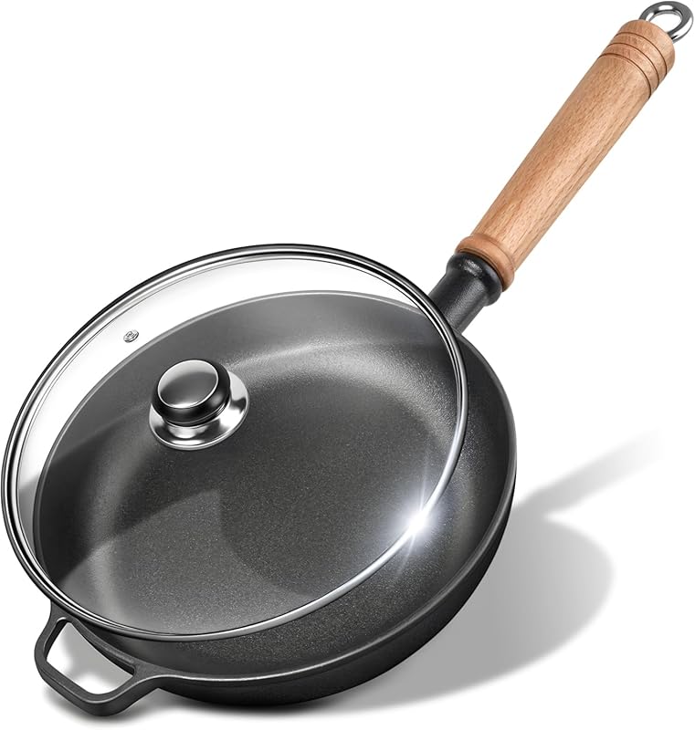 8.7-inch Pre-Seasoned Cast Iron Skillet with Lid and Removable Wooden 