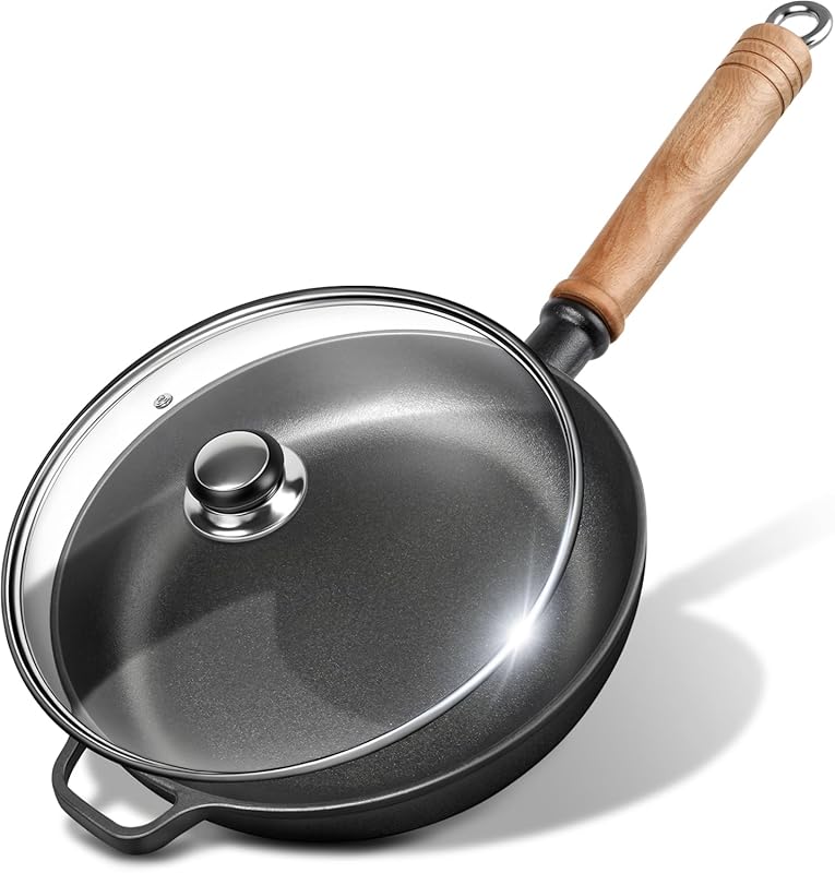 9.7-inch Pre-Seasoned Cast Iron Skillet with Lid and Removable Wooden 
