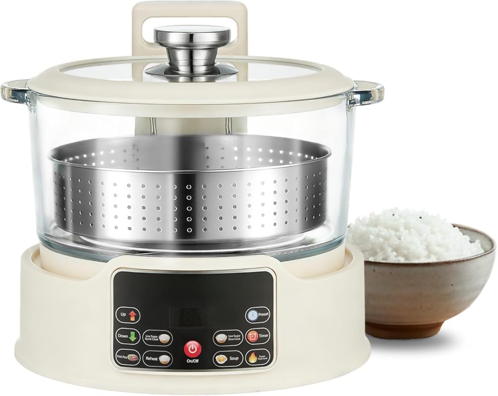 3L Low-Sugar Smart Glass Rice Cooker with Auto-Lift Basket, Presets, T