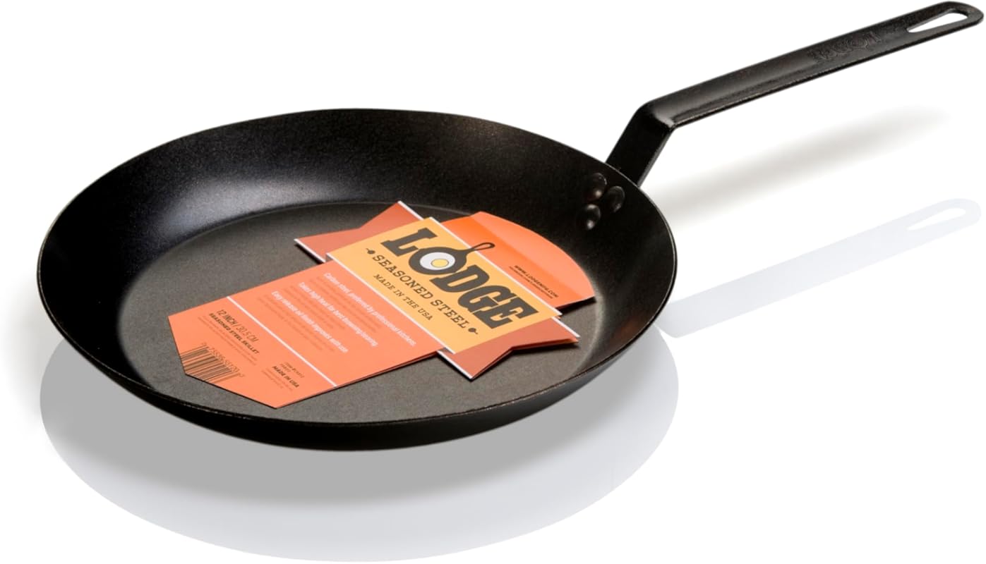 Lodge 12” PFAS-Free Pre-Seasoned Carbon Steel Skillet for High-Heat Se