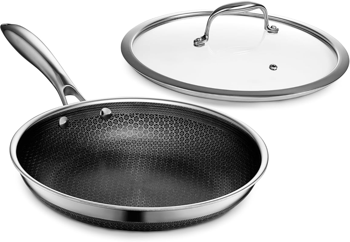 HexClad 10-Inch Hybrid Nonstick Frying Pan with Tempered Glass Lid, Ov