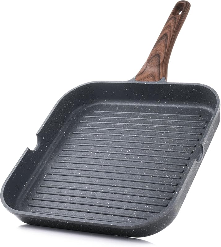 SENSARTE 9.5” Nonstick Square Grill Pan with Pour Spouts, Durable Indo