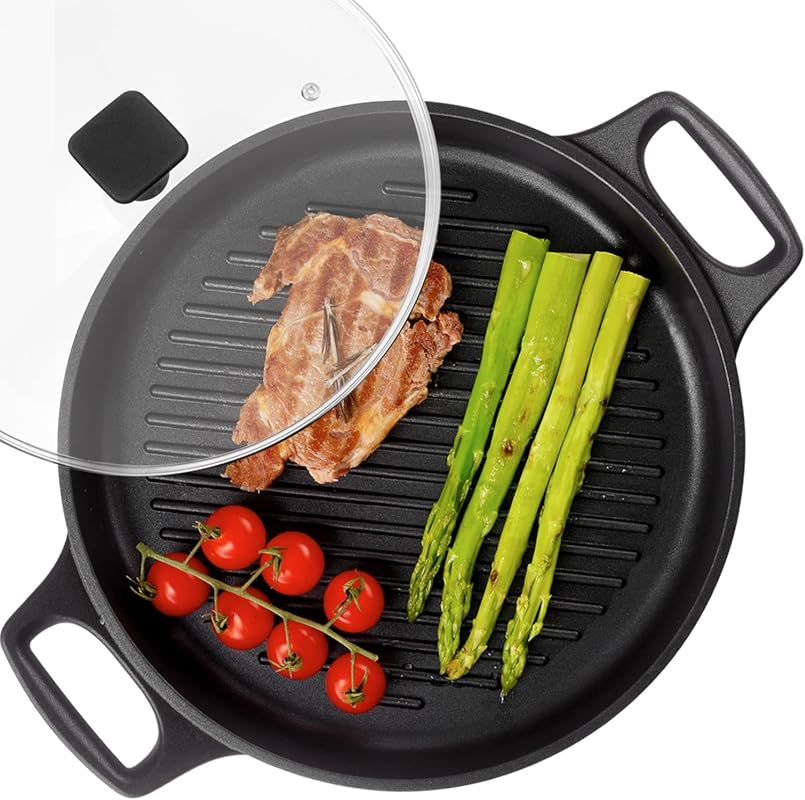 S·KITCHN 12 Inch Cast Aluminum Nonstick Griddle Pan with Lid, Lightwei