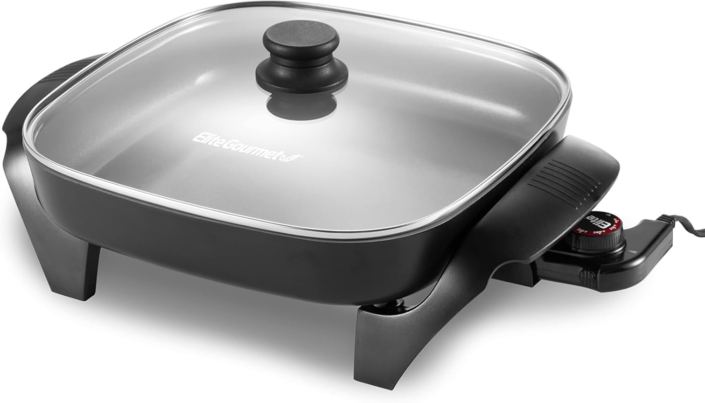 Elite Gourmet 12" Square Electric Skillet with PFAS Free Ceralast™ Cer