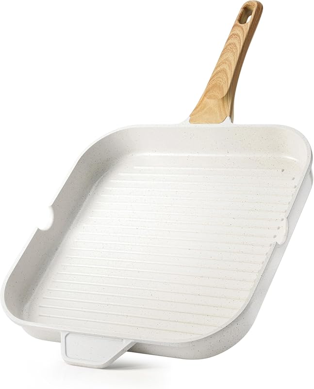 SENSARTE 12 Inch White Nonstick Ceramic Grill Pan with Pour Spouts, PT