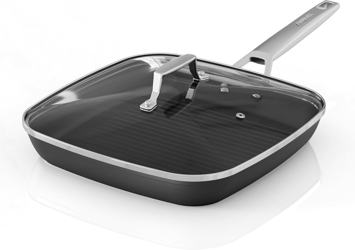 MsMk 11” Square Grill Pan with Lid, Stay-Cool Handle, Nonstick Ridges,