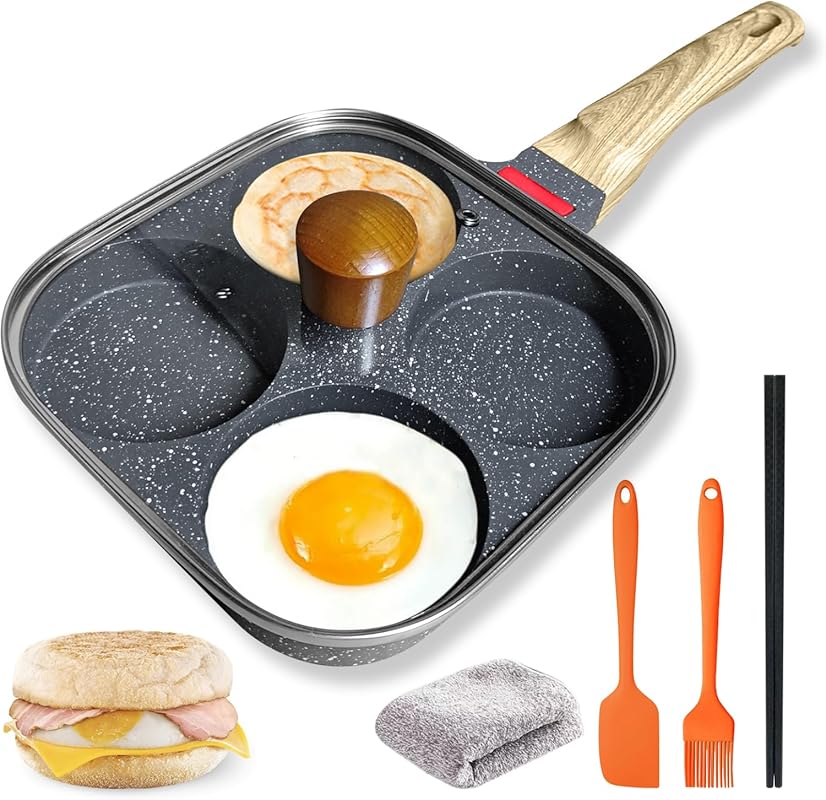 4-Cup Nonstick Egg Pan Set with Lid, Aluminum Omelette Skillet with Si