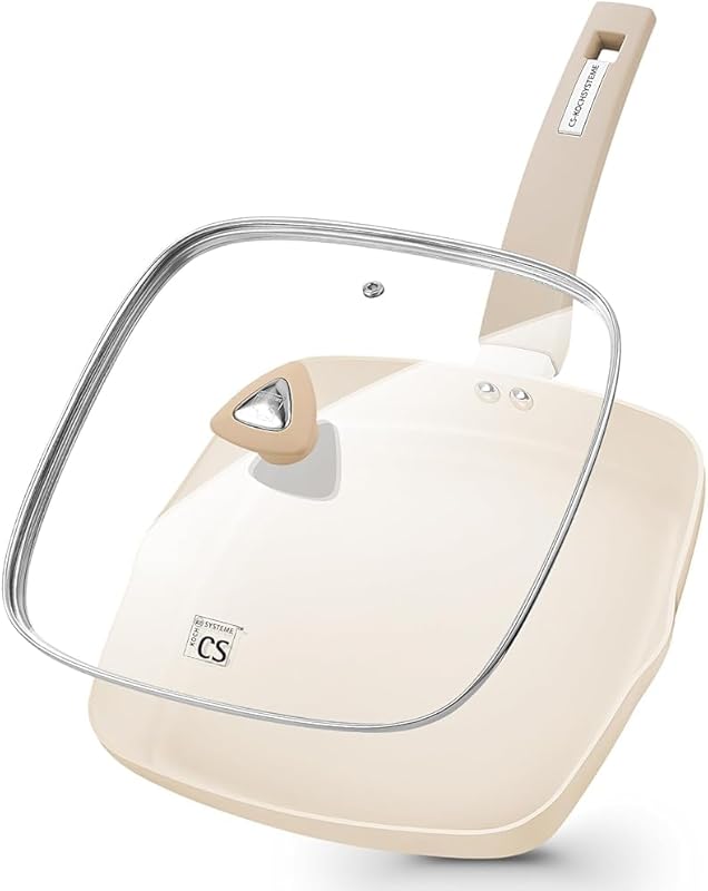 KOCH SYSTEME CS 9.5” Ceramic Nonstick Indoor Grill Pan with Lid, Induc