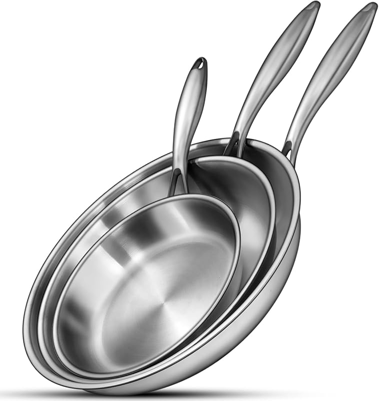 EWFEN Tri-Ply Stainless Steel Frying Pan Set 8”, 10”, 12”, PFOA/PTFE F