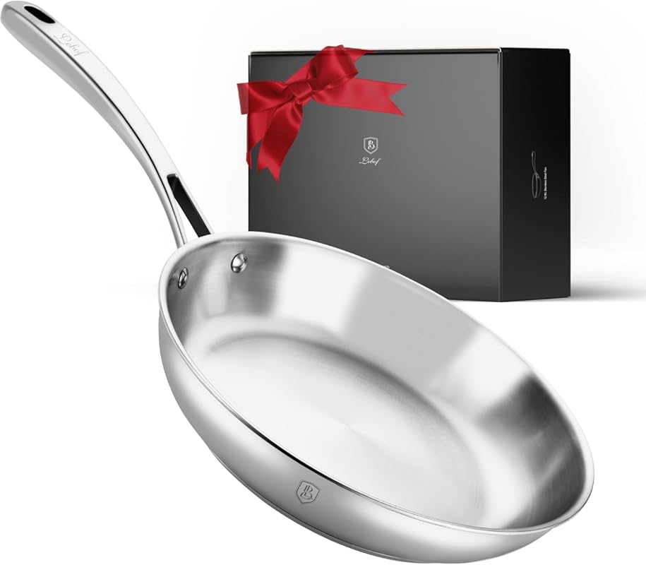 12 Inch Stainless Steel Frying Pan with 5-Ply Clad Base for Even Heati