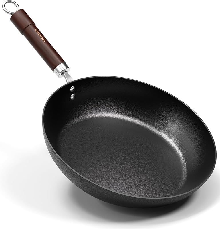 Pre-Seasoned 12” Carbon Steel Frying Pan with Wooden Handle, PFAS & PF