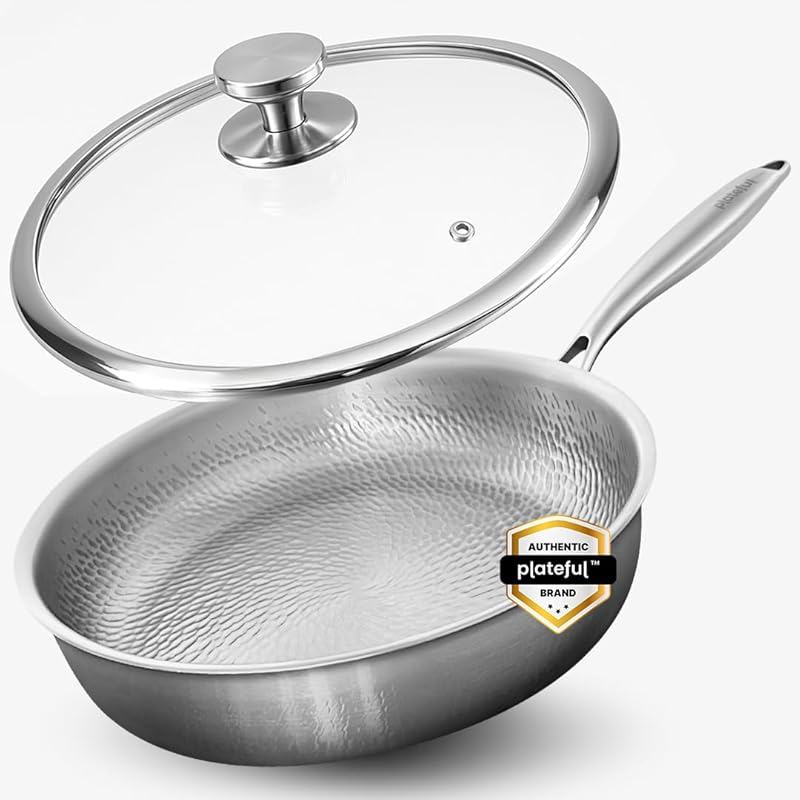 12 Inch Pure Titanium Non-Stick Hammered Frying Pan with Lid, Oven & I
