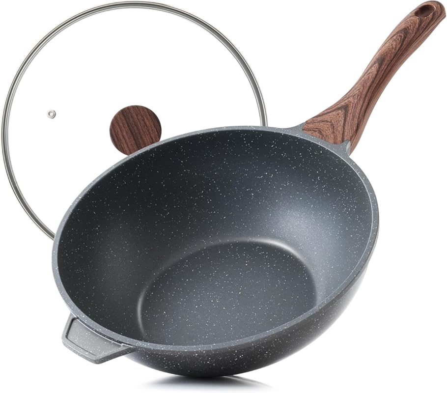SENSARTE 11 Inch Swiss Granite Nonstick Wok Pan with Lid, Induction Co